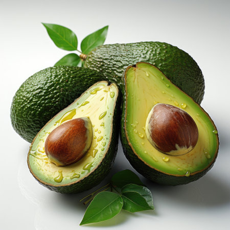 A ripe avocado cut in half revealing the seed, on a crisp white background.の素材