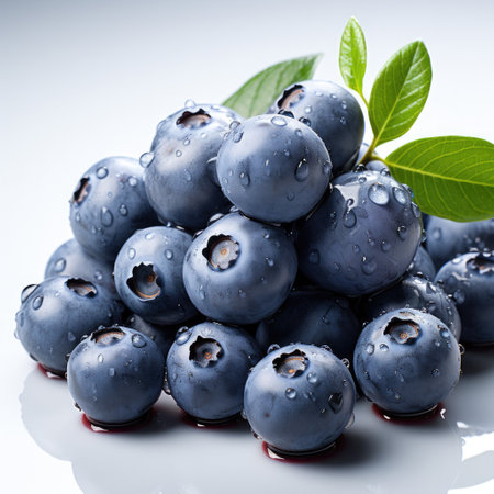 A single, juicy blueberry, its color deep and glossy, on a clean white surface.の素材