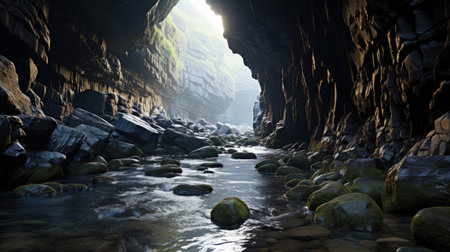 A view of a harsh, rugged coastline from the mouth of a sea cave.の素材