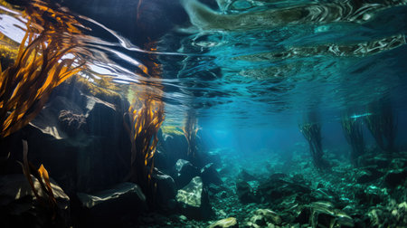 An underwater view of an enchanting kelp forest, swaying gently with the ocean currents.の素材