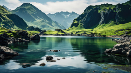 An icy fjord in the depths of winter, the frigid waters barely disturbed by the harsh wind.の素材