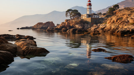 A tranquil view of a lighthouse perched on a rocky promontory, its beam cutting through the twilight haze.の素材