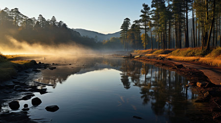 A tranquil, early morning scene of a foggy coastal marsh, the mist hanging low over the serene water.の素材