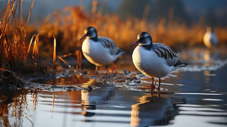An estuary teeming with birdlife, the glassy water reflecting the morning sky.の素材