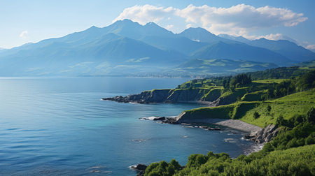 A panoramic view of a coastal mountain range, the peaks descending into the turquoise sea under a clear sky.の素材