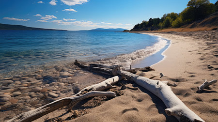 A beautiful stretch of beach with soft sand, strewn with beautifully weathered driftwood under a bright sky.の素材