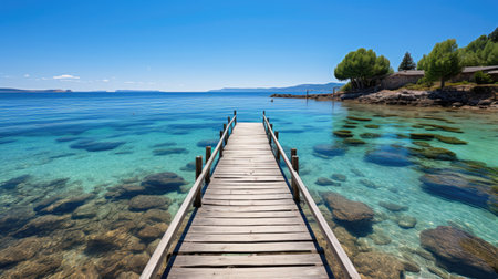 An idyllic coastal scene featuring a wooden pier extending into a calm, clear sea under a bright sky.の素材