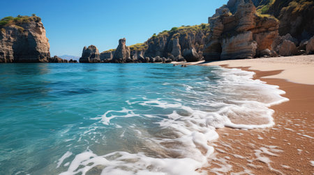 A picturesque scene of a sandy beach nestled between towering cliffs, the azure water lapping gently at the shore.の素材