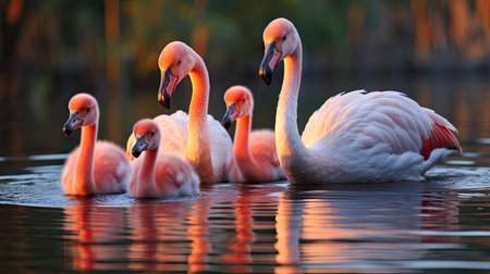 A captivating sight of a flock of flamingos standing in a coastal lagoon, their pink hues reflected on the water.の素材