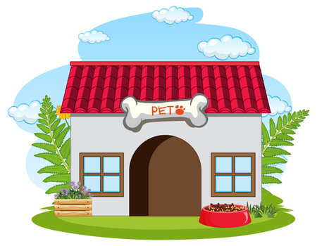A cheerful cartoon illustration of a dog house in a gardenのイラスト素材