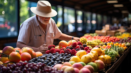 An apron-clad fruit vendor stands beside a colorful array of fruit in a bustling farmer's market.の素材