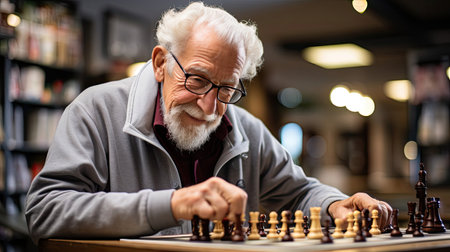 An elderly chess player in smart casual outfit stands amidst a strategic backdrop of chessboards and players at a lively club meetup.の素材