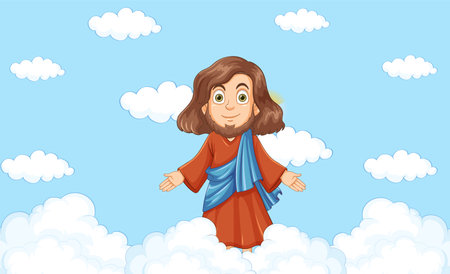 Jesus is depicted with a halo in a cloudy sky background in a vector cartoon illustration styleのイラスト素材