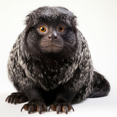 Portrait of a black and white marmoset on white backgroundの素材