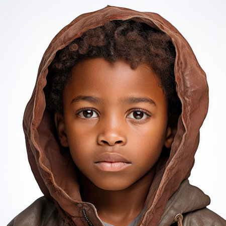 Professional studio head shot of a pensive young boy.の素材