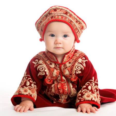 Studio shot of a Russian Chinese baby in soft traditional attire.の素材