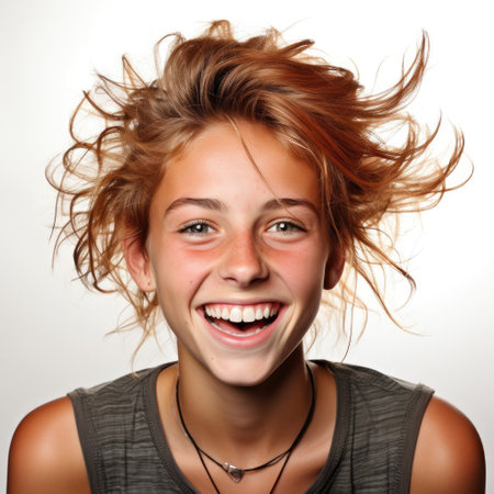 Professional studio head shot of a cheerful 14-year-old Slovakian girl.の素材
