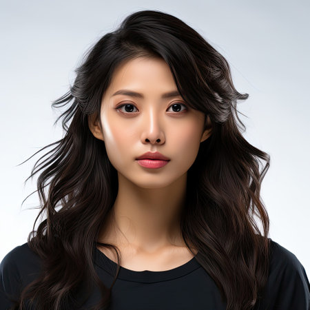 A content 23-year-old Korean woman with a calm stare in a professional studio headshot.の素材