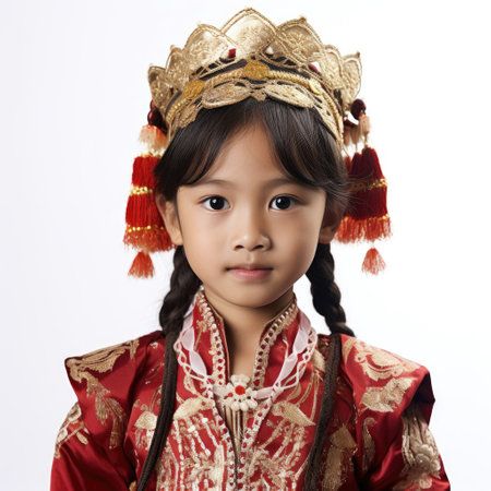 Studio shot of an 8-year-old Burmese (Myanmarese) child in traditional attire.の素材