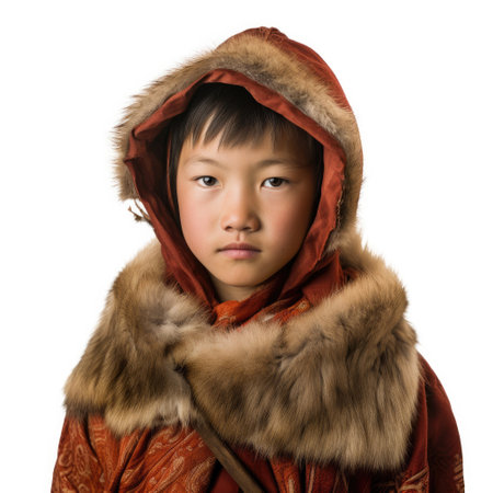 Studio shot of an isolated Mongolian child wearing traditional clothing.の素材