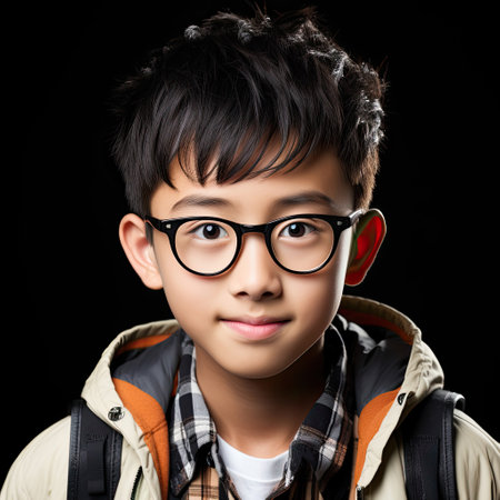Professional studio head shot of a 15-year-old Chinese boy with glasses, engrossed in reading.の素材