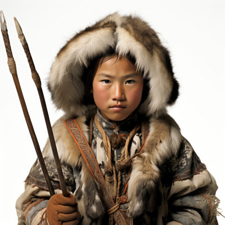 Studio shot of a Mongolian 8-year-old boy in a deel, with a traditional bow and arrow set, isolated on a pure white background.の素材