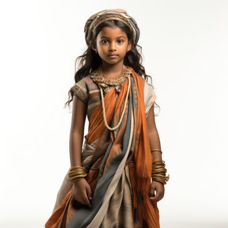 Studio shot of an 8-year-old Bangladeshi child in traditional attire.の素材