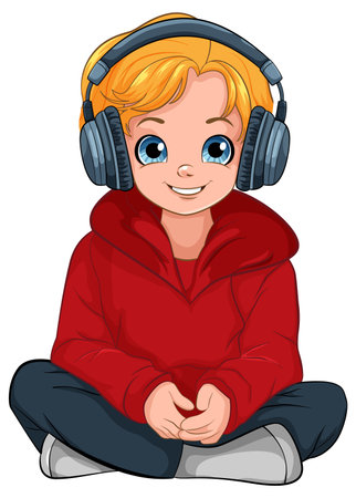 Boy sitting on the floor listening to music with headset illustrationのイラスト素材