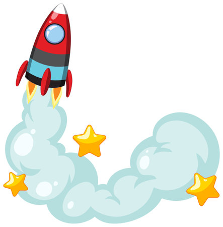 A vibrant vector cartoon illustration of a rocket launching with a star iconのイラスト素材