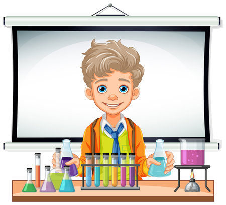 Male student cartoon holding conical flask on science class experiment illustrationのイラスト素材