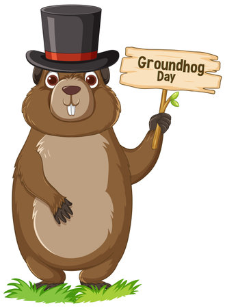 A cute groundhog cartoon with a Groundhog Day bannerのイラスト素材