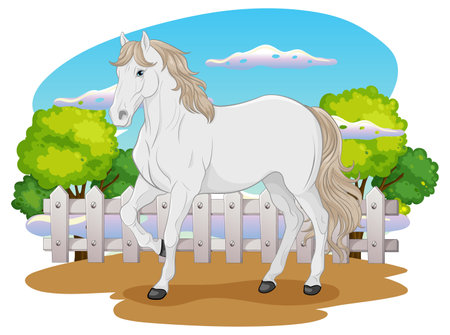 White horse in nature outdoor illustrationのイラスト素材