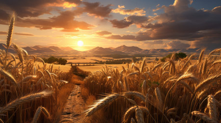 Golden light reflects off metal in surrounding fields with paths of crushed rock leading the way.の素材