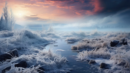 A hyper-realistic fantasy marsh in winter with ethereal fog, ice patterns, and snow-covered rocks.の素材
