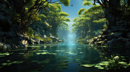Twisted roots dive into saltwater, reflecting the green canopy.の素材