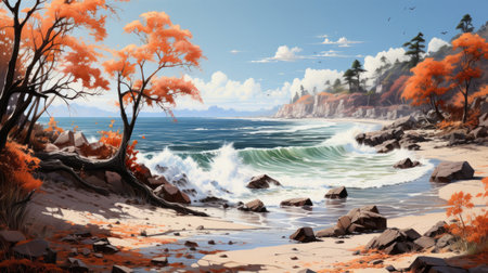 Hyper-realistic fantasy beach in autumn with waves washing in, fallen leaves, rustling trees, damp sand, and moss-covered rocks near the water.の素材