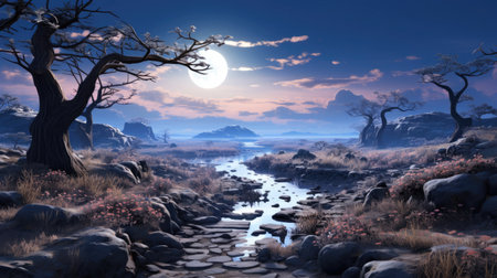 Hyper-realistic fantasy scene with blue dawn light and frozen rocks.の素材