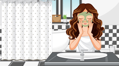 A beautiful woman wearing a towel is applying a facial mask in a bathroom settingのイラスト素材