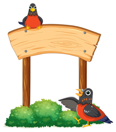 Colorful birds perched on a wooden sign banner surrounded by a tree bushのイラスト素材