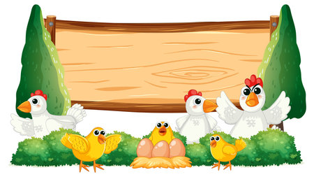 Vector cartoon illustration of a hen and chick next to a wooden board templateのイラスト素材