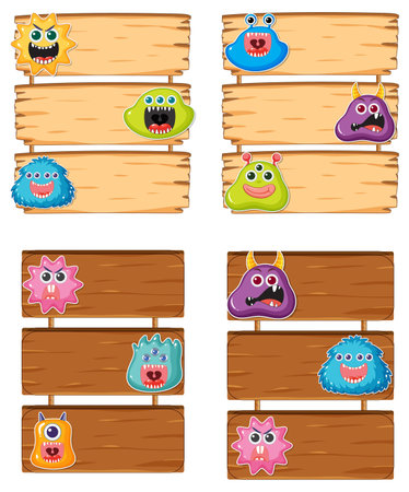 Adorable vector cartoon illustration of alien monsters on a wooden signboardのイラスト素材
