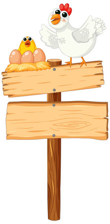 Vector cartoon illustration of a hen, eggs, and chick standing on a wooden boardのイラスト素材