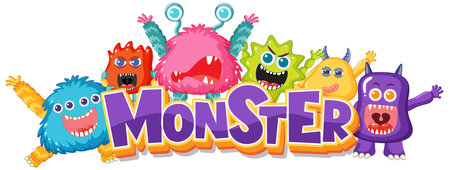 A delightful illustration of adorable monster friends with a logoのイラスト素材