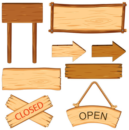 Vector cartoon illustration of a wooden sign board with hanging arrow indicating open and closeのイラスト素材