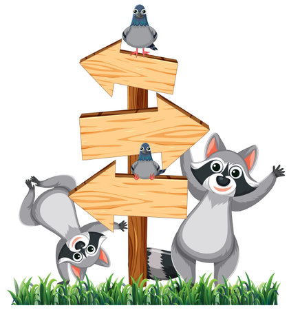 A mischievous raccoon playfully interacts with a wooden signのイラスト素材