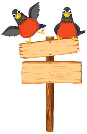 Colorful cartoon birds perched on a wooden signboard bannerのイラスト素材