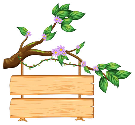 Vector cartoon illustration of a flower hanging on a tree branch with a wooden signboardのイラスト素材