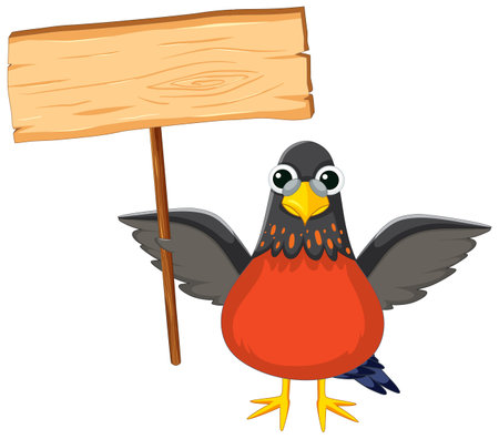 Adorable bird cartoon character standing with a wooden bannerのイラスト素材