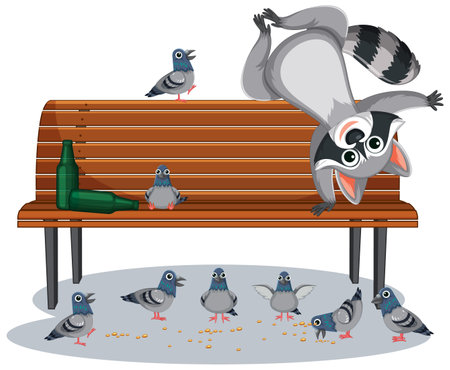 A mischievous raccoon enjoys a playful feeding session at the park benchのイラスト素材