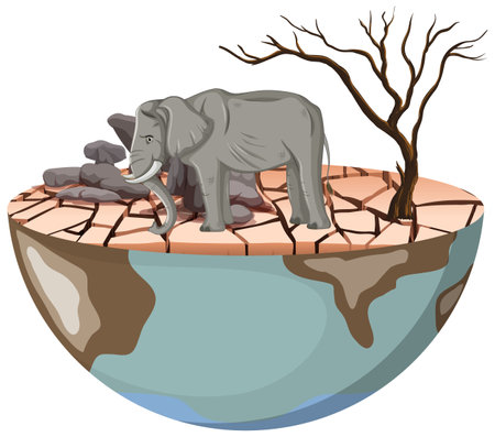 Illustration of a melancholic elephant in a dry landscape, symbolizing deforestationのイラスト素材